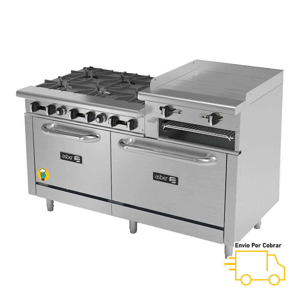 Estufa 6 Parillas, Plancha Elevada + 2 Hornos ASBER - AEMR-2-RG24-B6-60-H-Estufas Múltiples-ASBER-ElLugarDelChef.com