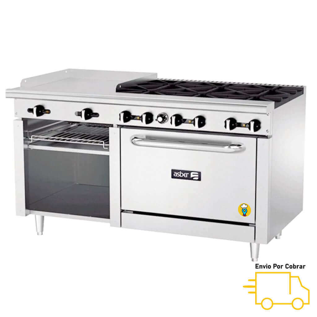 Estufa 6 Parillas, Plancha y Horno ASBER - AEMR-G24-B6-60-H-Estufas Múltiples-ASBER-ElLugarDelChef.com